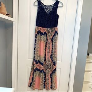 Maxi dress, navy lace top w/ pattern bottom